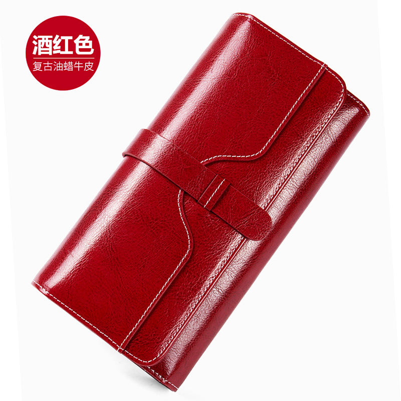 Genuine Cowhide Long Tri-Fold Wallet for Women, Snap Button Multi-Card Large Capacity Clutch Purse, Premium Leather Money Holder for Ladies
