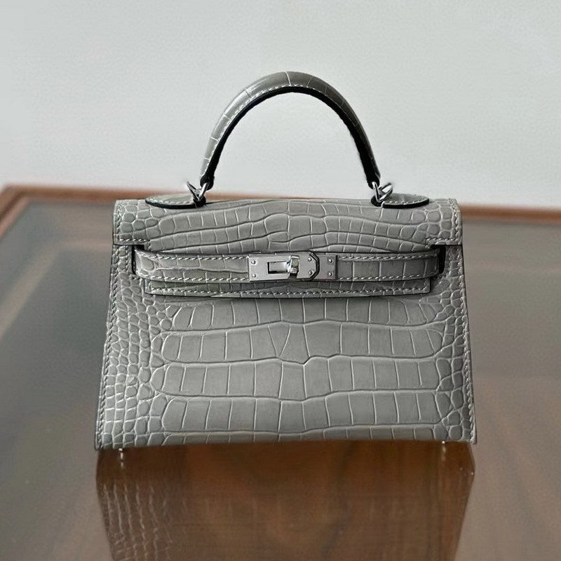 Genuine Leather High-Gloss Crocodile-Embossed Kelly-Style Bag for Women, New 2nd Gen Mini Top Handle Shoulder Purse, Premium Handbag for Ladies