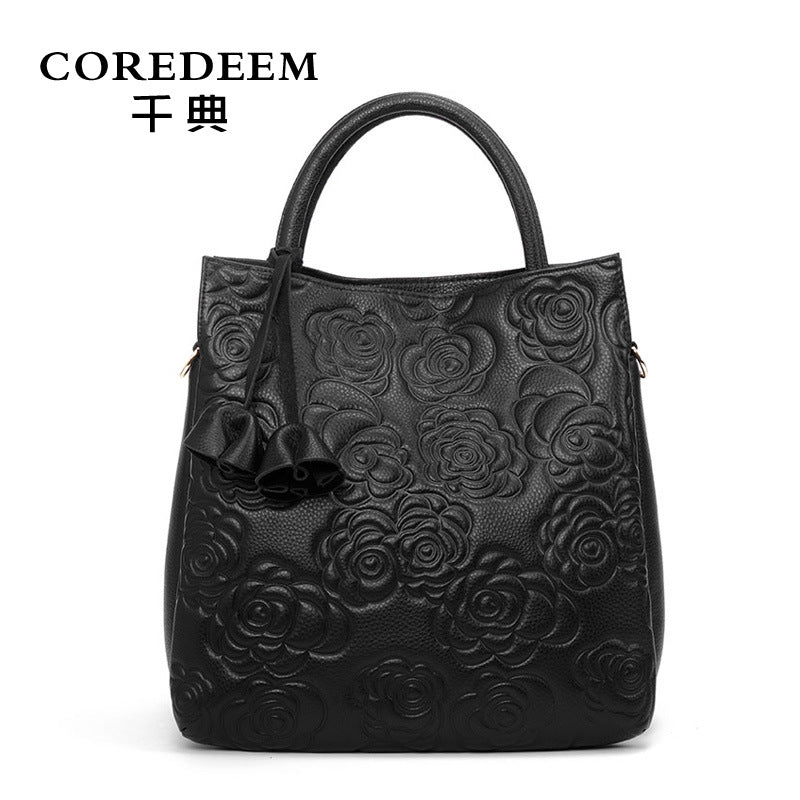 Genuine Cowhide Embossed Large Capacity Handbag for Women, Fashionable Top Handle Crossbody Purse, Chic Versatile Bag for Ladies
