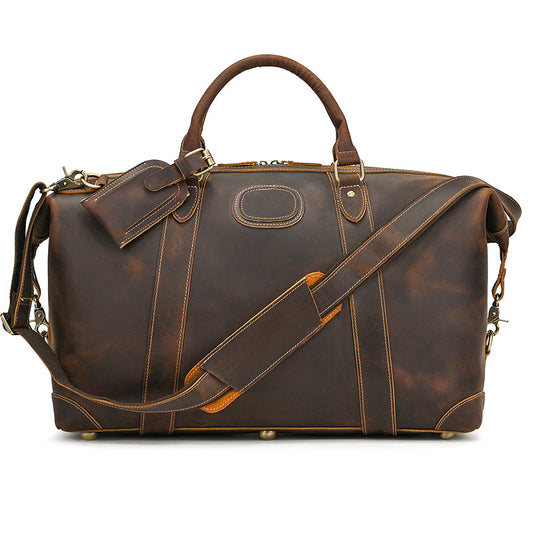 Genuine Crazy Horse Leather 20-Inch Travel Duffle Bag for Men, Vintage Large Capacity Luggage, Top Handle Gym Weekender Bag for Gentlemen
