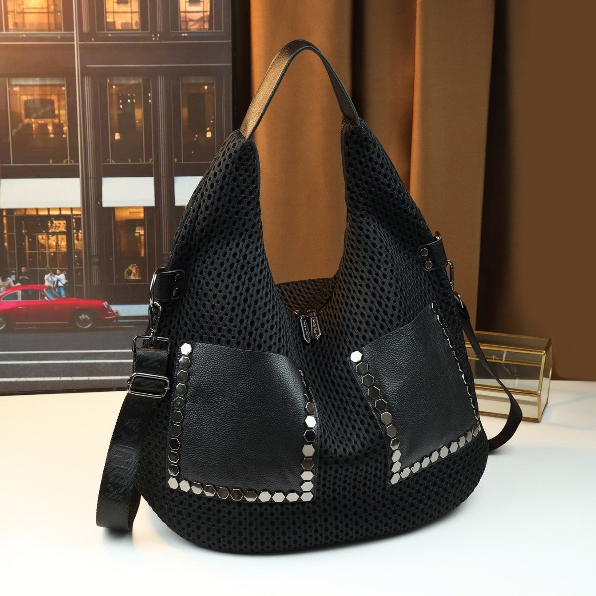 Soft Leather Patchwork Studded Underarm Bag for Women Large Capacity Commuter Shoulder Handbag, Trendy Personality Purse with Edgy Hardware