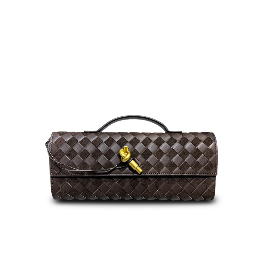 Matte leather spliced woven clutch, vintage metal latch evening bag, fashionable baguette bag for women