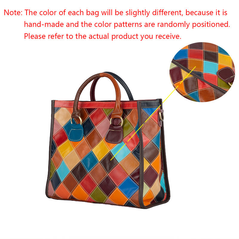 Genuine Leather Color Block Handbag for Women, Waxed Cowhide Top Handle Crossbody Purse, Niche Designer Shoulder Bag for Ladies