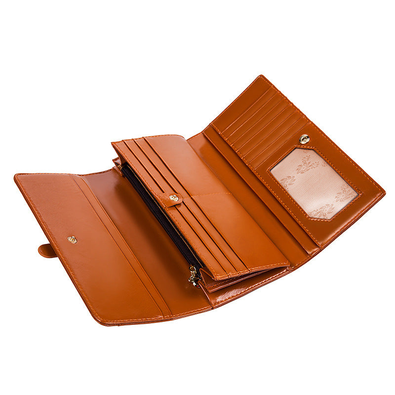 Genuine Cowhide Long Tri-Fold Wallet for Women, Snap Button Multi-Card Large Capacity Clutch Purse, Premium Leather Money Holder for Ladies