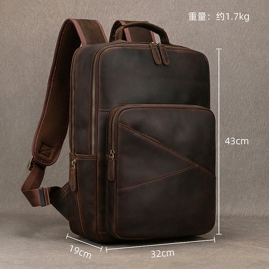 15-Inch Vintage Crazy Horse Leather Backpack, Work Commute Laptop Daypack, Casual Cowhide Travel Bag for Men