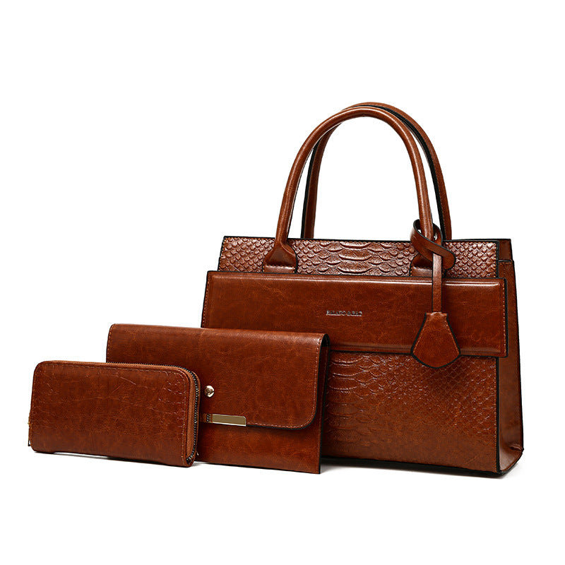 New Arrival Vintage Croc-Effect 3-Piece Handbag Set for Women, A Large Capacity Crossbody Top-Handle Commuter Bag with Versatile Elegant Design, Perfect Everyday Set