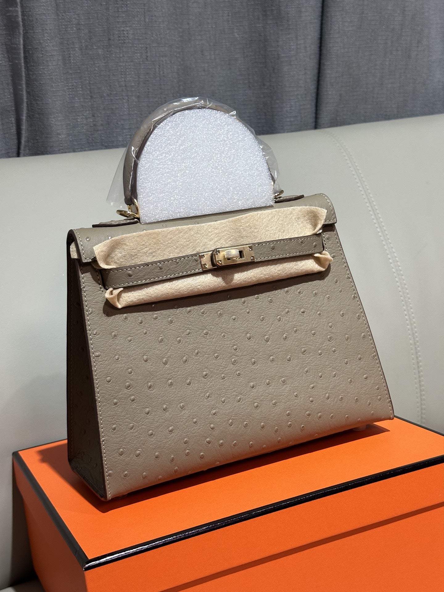 Genuine Top Layer Cowhide Ostrich-Embossed Kelly-Style 25 Bag for Women, Small Square Crossbody Top Handle Purse, Large Capacity Handbag for Ladies