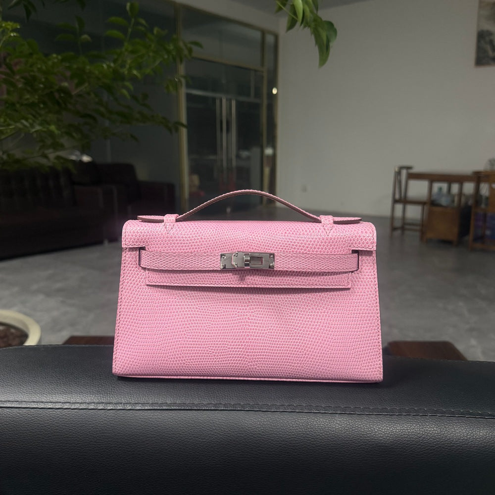 Genuine Top Layer Cowhide Lizard-Embossed Kelly-Style 22H Bag for Women, Hand-Stitched Waxed Thread with Lambskin Lining, Full Steel Hardware Square Purse for Ladies