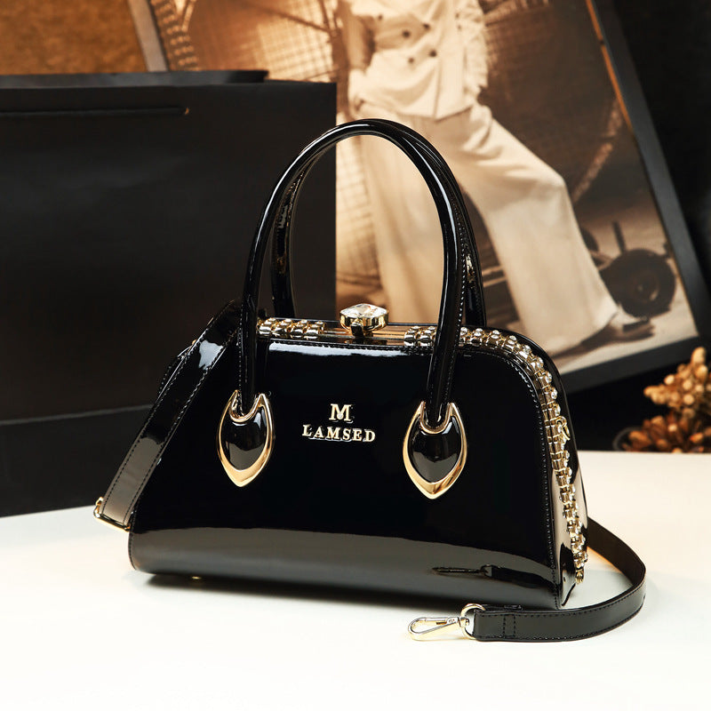 Women's Patent Leather Handbag Shiny Shoulder Crossbody Bag for Middle-Aged Ladies Fashion Mom Purse Light Luxury Top Handle Clasp Bag
