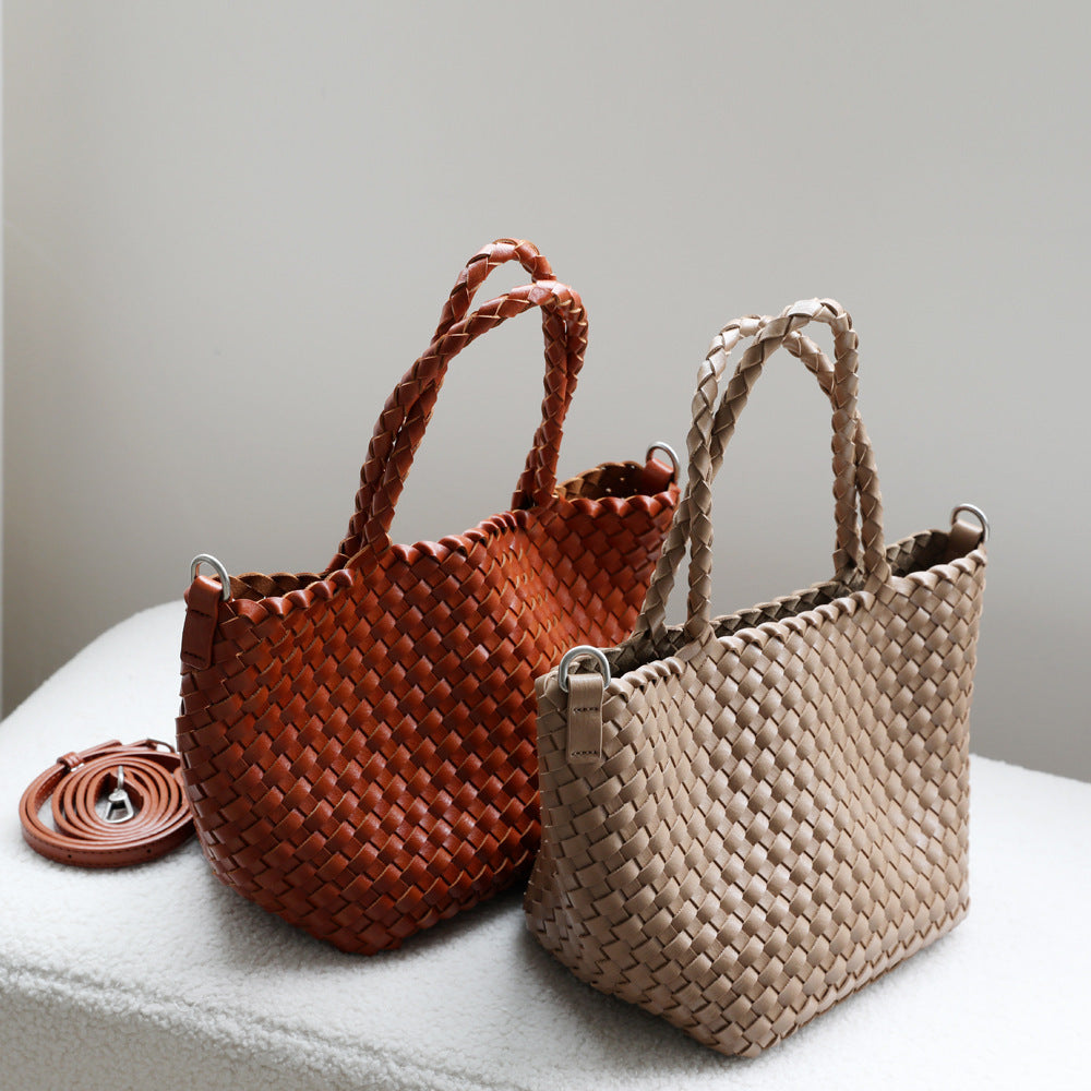 Classic Woven Basket Bag Set for Women Large Capacity Summer Shoulder Handbag with Detachable Sub-Bag, Casual Versatile Purse with Natural Texture