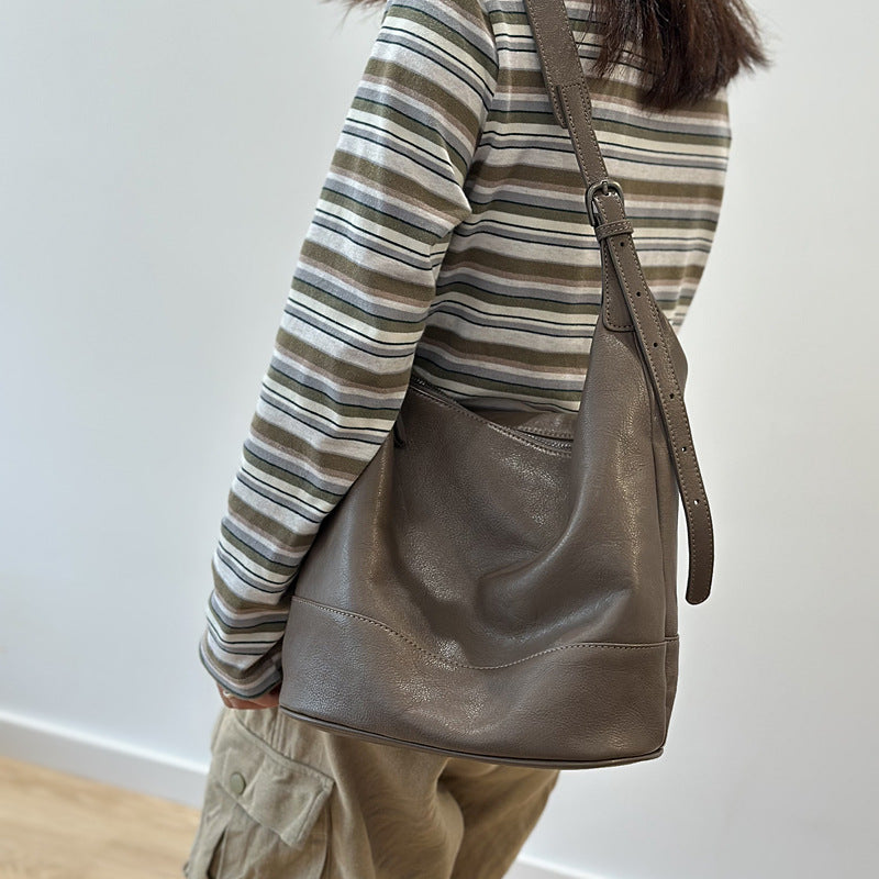Genuine Top Layer Cowhide Bucket Bag for Women, Premium Large Capacity Shoulder Underarm Commute Purse, Casual Everyday Handbag for Ladies