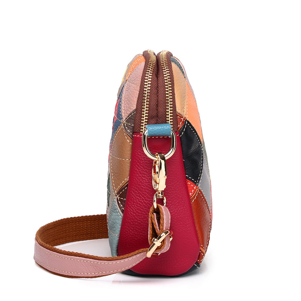 Genuine Top Layer Cowhide Colorful Patchwork Shell Bag for Women, Fashionable Fresh Sweet Casual Ethnic Shoulder Small Purse, Trendy Handbag for Ladies