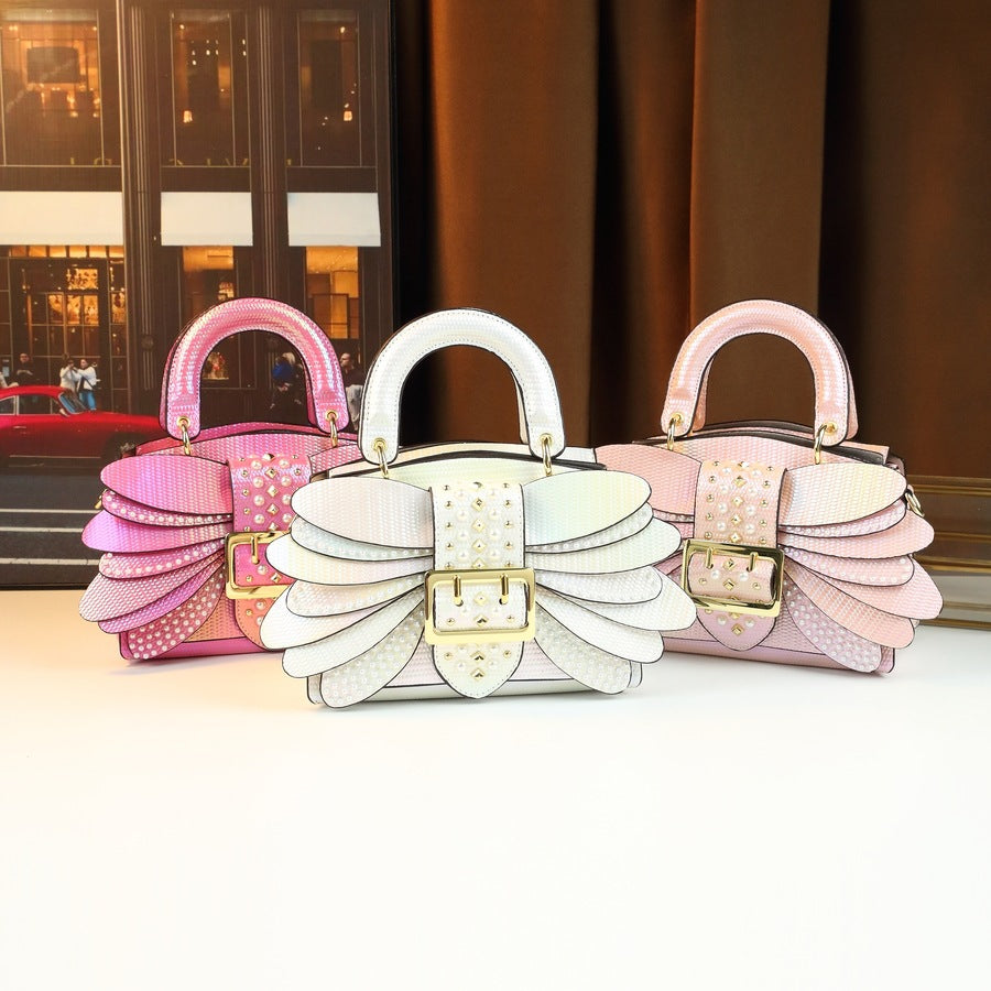 Pearl Stud Wing Boston Bag for Women Gradient Color Shoulder Crossbody Handbag, Trendy Chain Purse with Dragonfly Hardware Accent