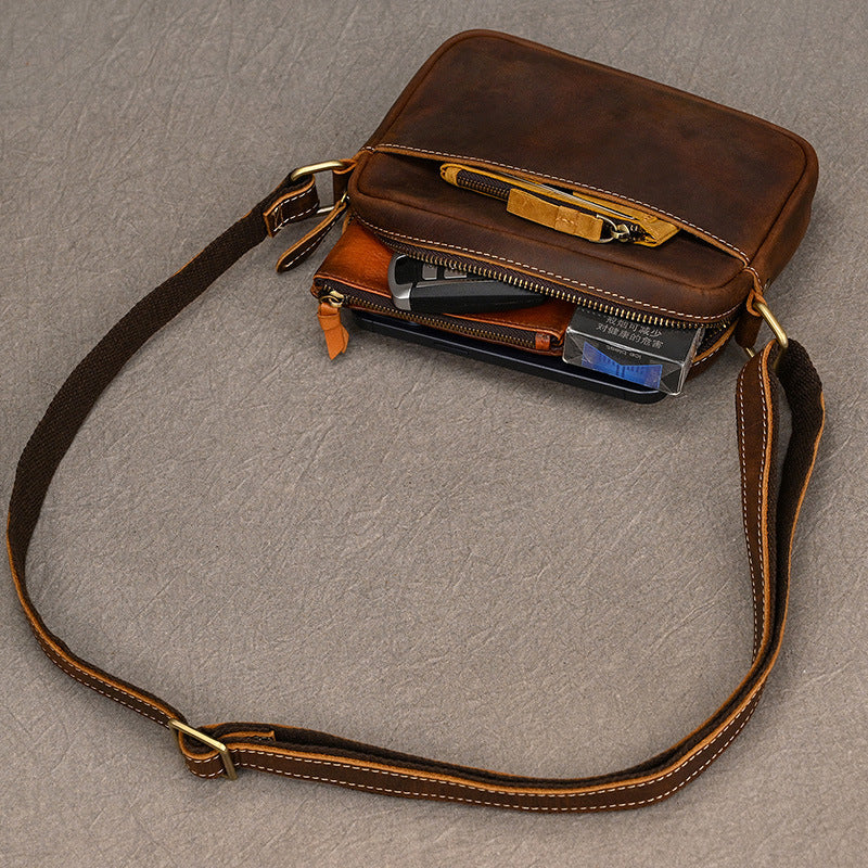 Genuine Top Layer Cowhide Lightweight Shoulder Bag for Men, Casual Crossbody Pouch, Phone Umbrella Carry Bag for Gentlemen