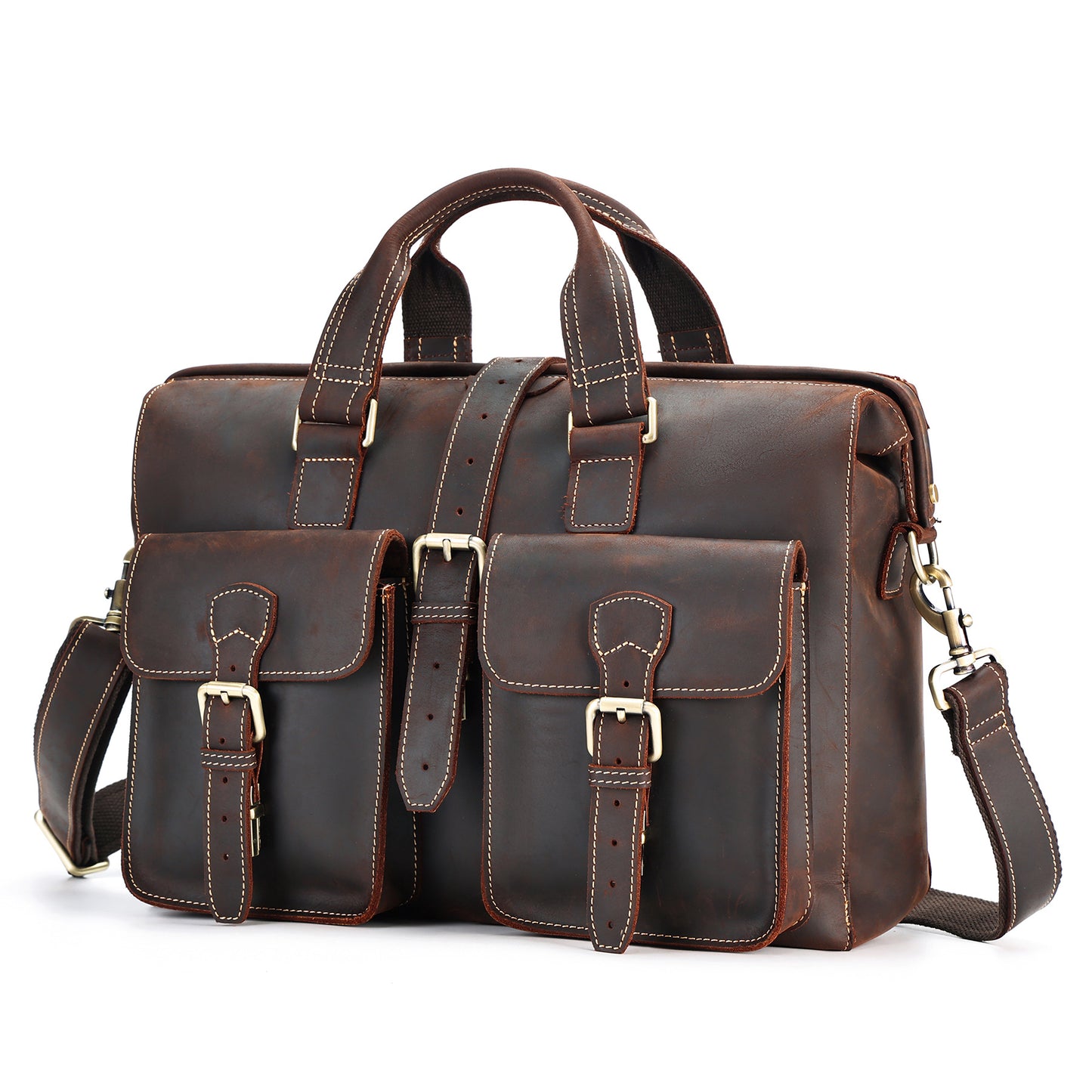Genuine Crazy Horse Leather Briefcase for Men, Business Commute Top Handle Bag, Multifunctional Laptop Computer Work Bag for Office
