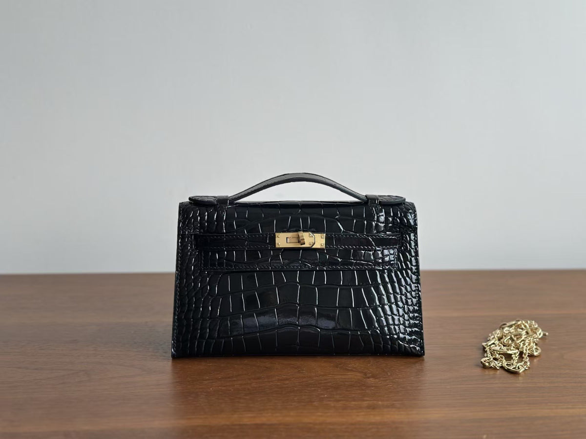 Genuine Leather Crocodile-Embossed Kelly-Style 22cm Bag for Women, 2025 New Small Square Shoulder Crossbody Top Handle Purse, Light Luxury Everyday Handbag for Ladies