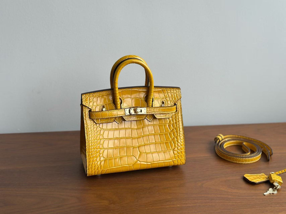 Genuine Top Layer Cowhide Matte Crocodile-Embossed Mini Birkin-Style Bag for Women, Semi-Handmade External Stitching Top Handle Purse, New Premium Handbag for Ladies