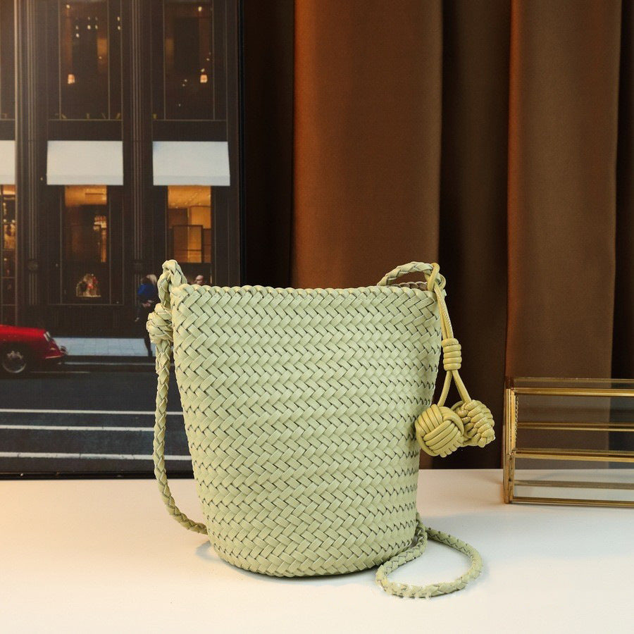 Handwoven Bucket Basket Bag for Women Casual Shoulder Crossbody Handbag, Minimalist Purse with Natural Woven Texture