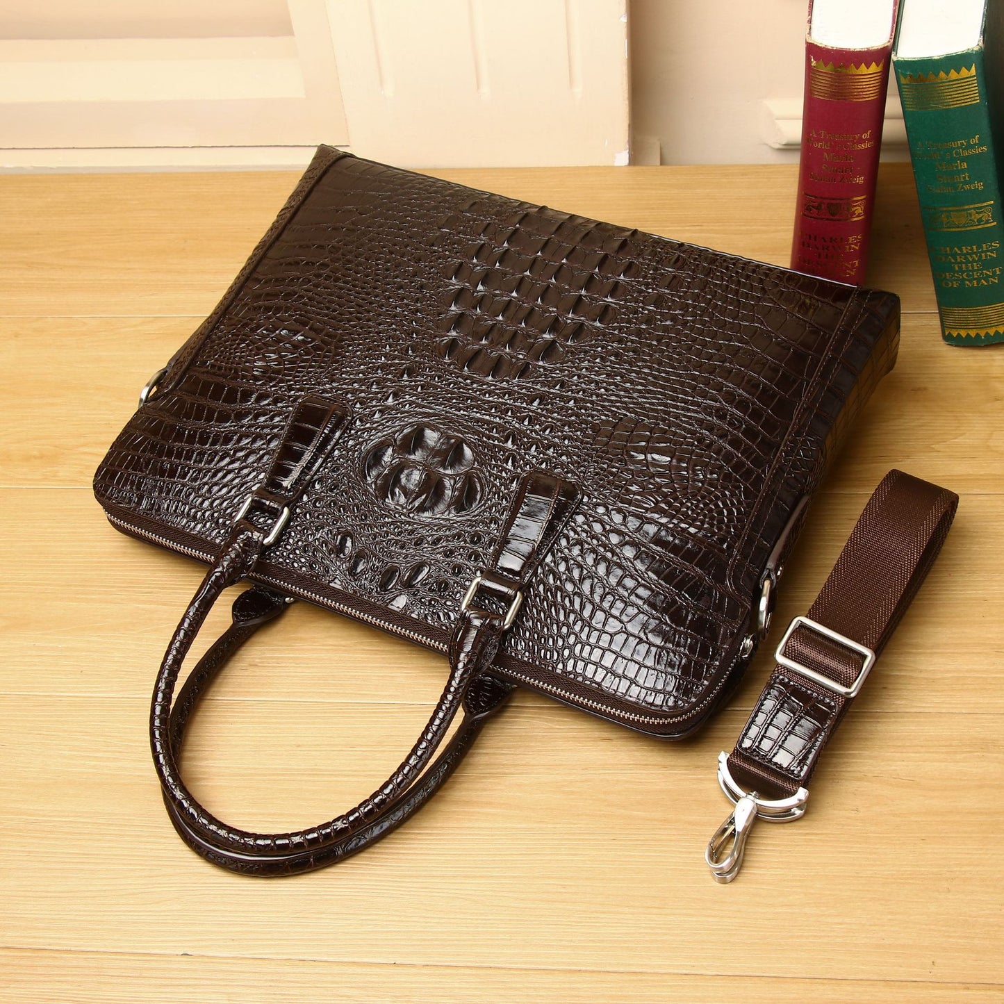 New Arrival Croc-Effect Genuine Leather Business Briefcase for Men, A Top-Handle Laptop Shoulder Crossbody Bag with Casual Professional Design