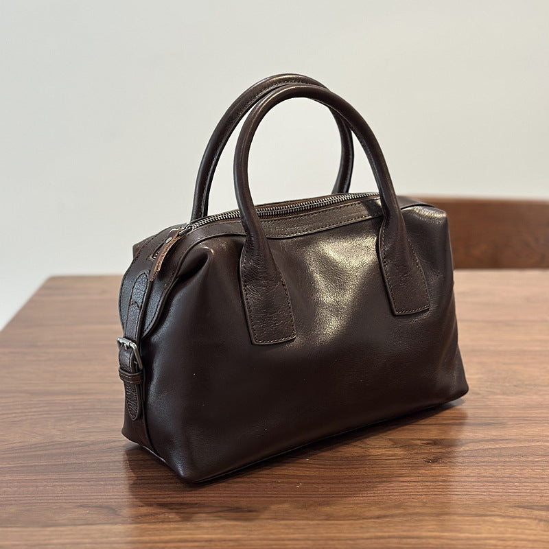 Genuine Top Layer Vegetable-Tanned Cowhide Boston Bag for Women, Minimalist Vintage Shoulder Crossbody Top Handle Purse, Fashionable Commute Handbag for Ladies