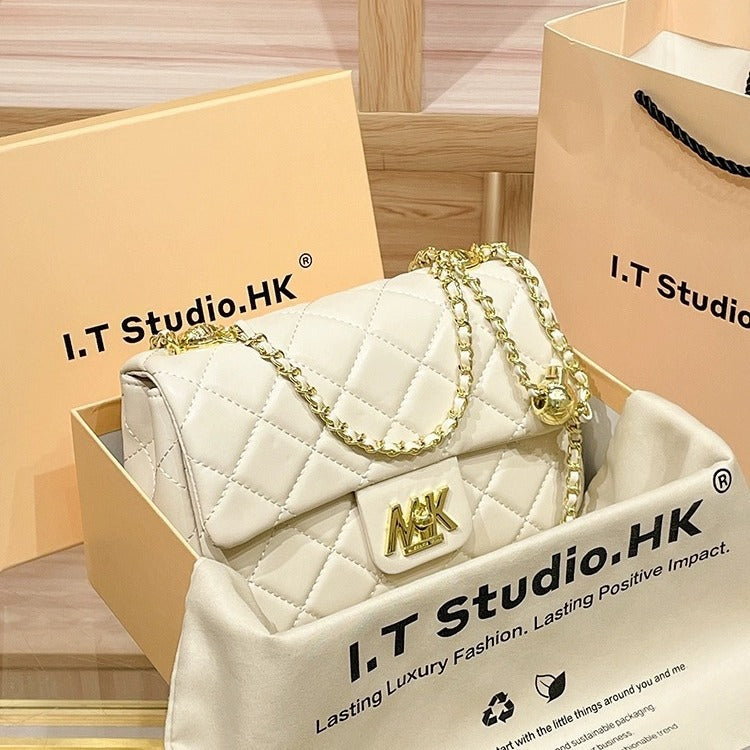 Genuine Leather Quilted Chain Crossbody Bag for Women, New Trendy Versatile Small Gold Ball Purse, Stylish Everyday Handbag for Ladies