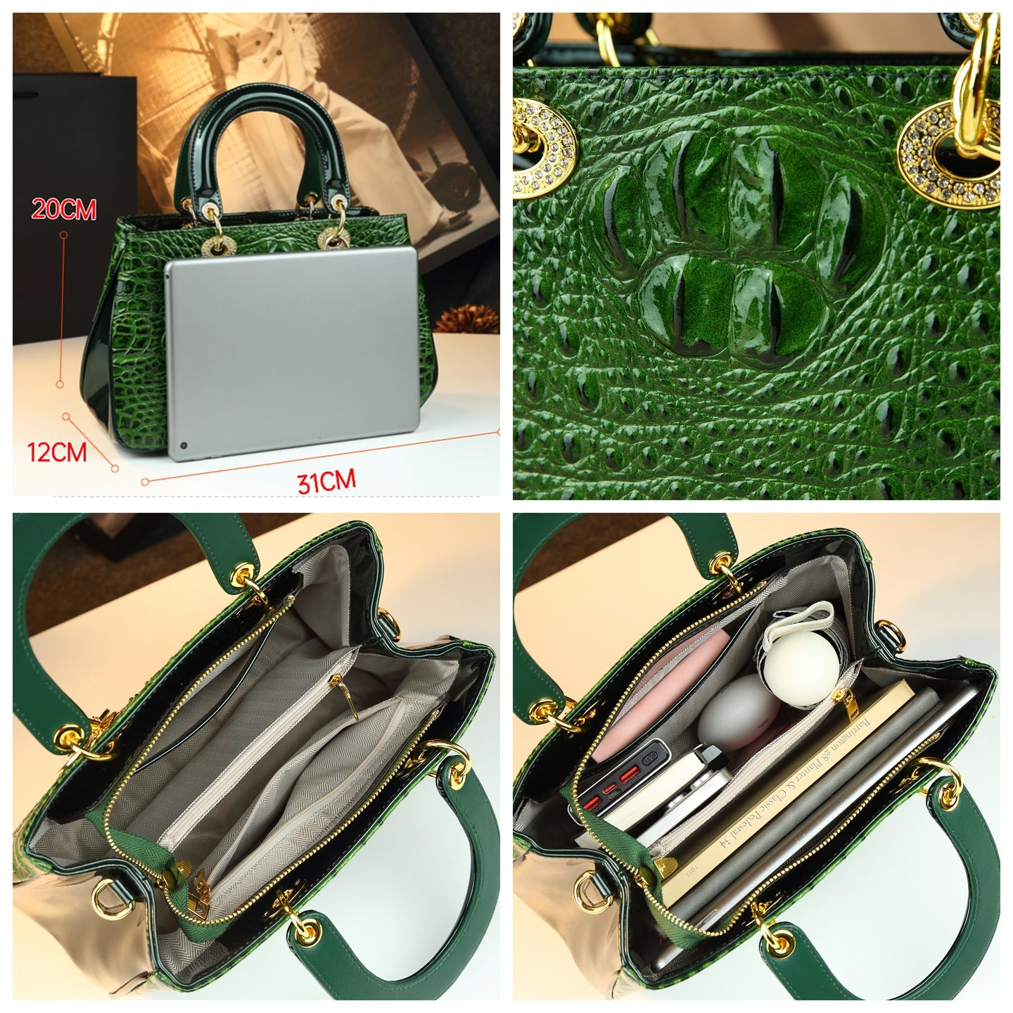 New Arrival Lady-Inspired Patent Croc-Effect Bag for Women, A Rhinestone-Embellished Shoulder Crossbody Top-Handle Handbag with Glamorous Design