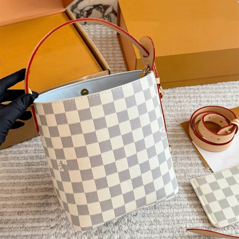 Genuine Leather White Grid Bucket Bag for Women Large Capacity Shoulder Crossbody Handbag, Trendy Pattern Purse with Versatile Style