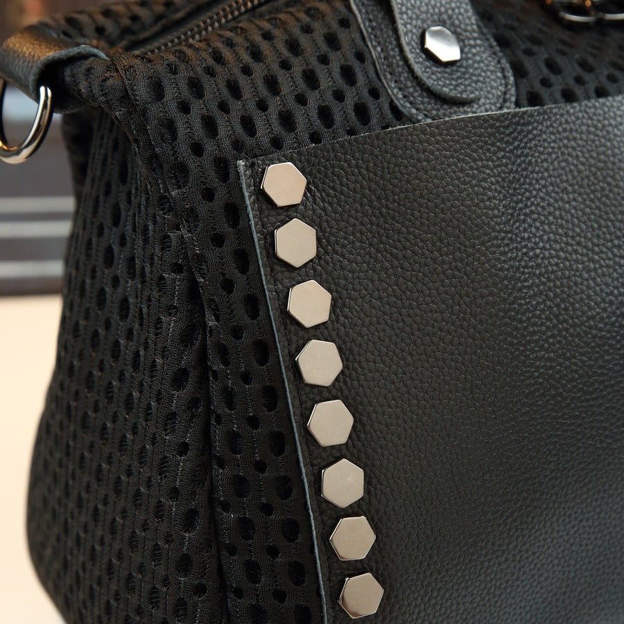 Mesh Studded Pillow Bag for Women Large Capacity Shoulder Crossbody Handbag, Bestselling Japanese/Korean Style Purse with Edgy Hardware