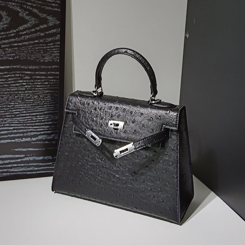 Genuine Leather Ostrich-Embossed Kelly-Style Bag for Women, New Spring Summer Premium Shoulder Crossbody Top Handle Purse, Fashionable Versatile Handbag for Ladies