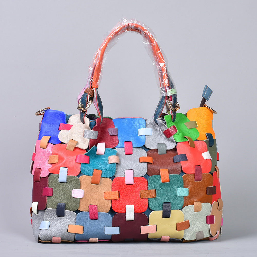 Premium Genuine Cowhide Leather Colorful Woven Basket Bag for Women | Ethnic Style Top-Handle Shoulder Cross-Body Handbag with Artistic Craftsmanship | Spacious Beach Tote for Travel, Shopping & Casual Outings | Trendy Statement Accessory with Bohemi