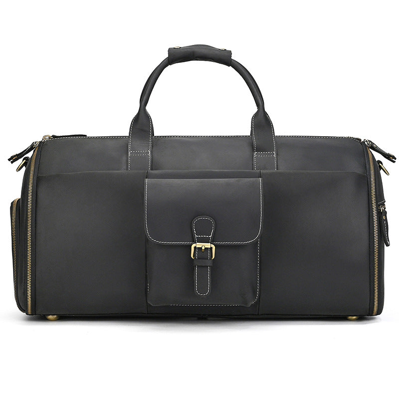 Multifunctional Crazy Horse Leather Travel Duffle, Foldable Suit Garment Bag with Wet-Dry Separation, Premium Gym Weekender for Men