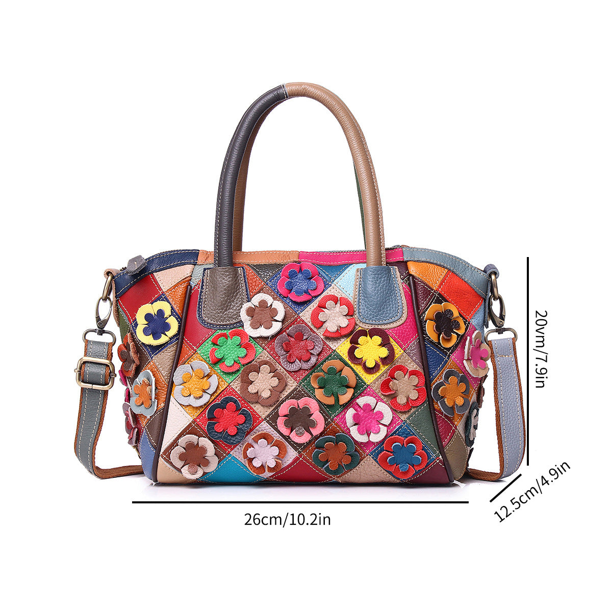 Genuine Leather European Casual Ethnic Vintage Handbag for Women, Handmade Colorful Floral Shoulder Crossbody Top Handle Purse, Boho Designer Bag for Ladies