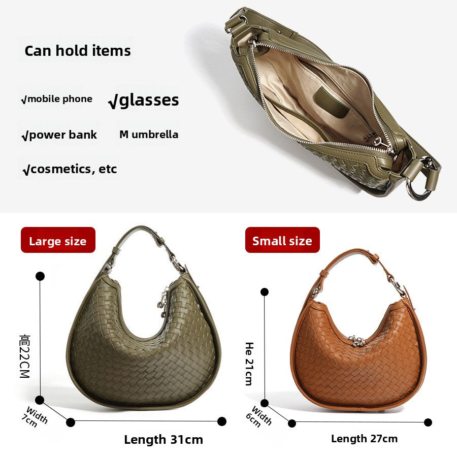 New Handwoven Crescent Bag in Genuine Leather, Large Capacity Commute Shoulder Crossbody Underarm Top Handle Purse, Stylish Handbag for Women