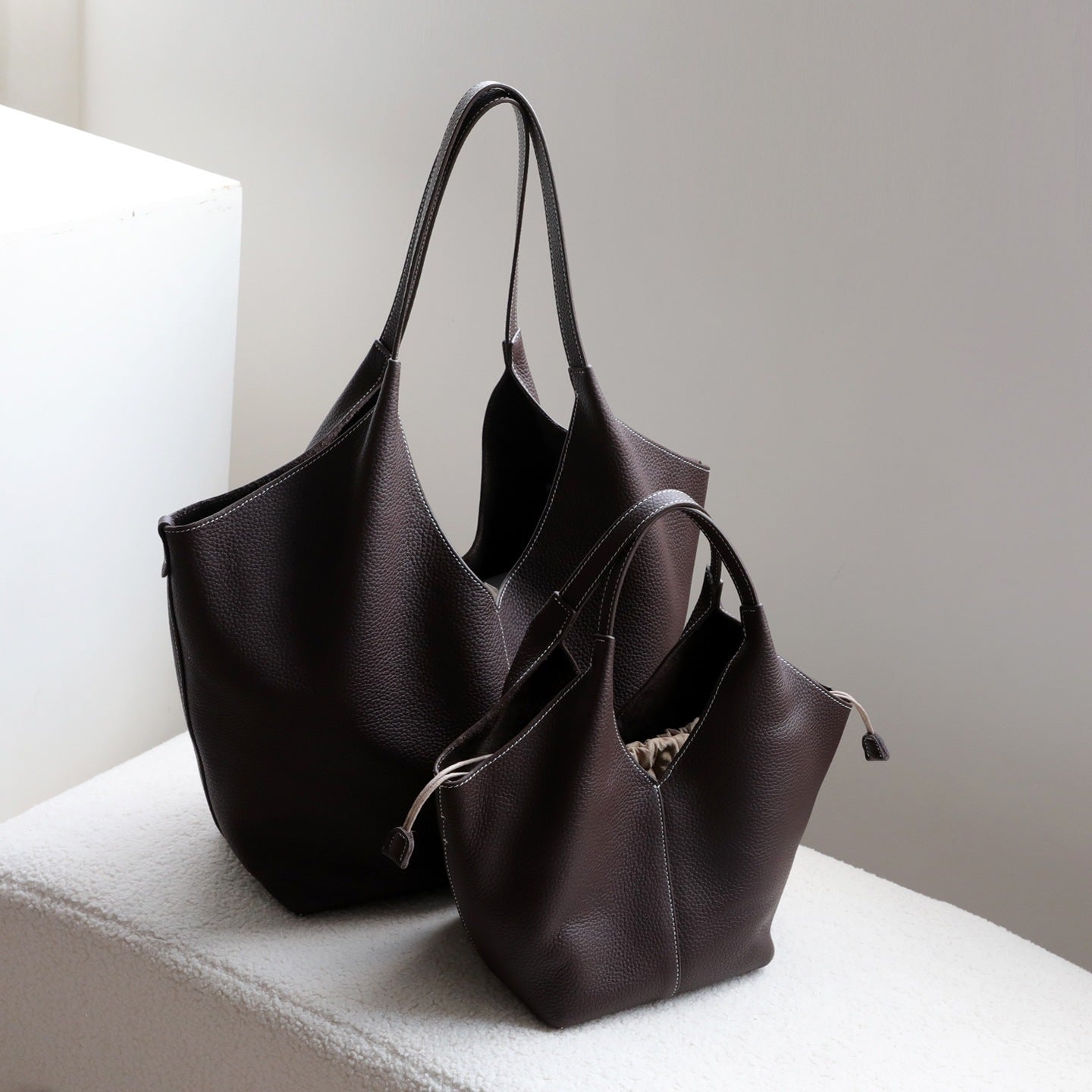 Genuine Top Layer Cowhide Basket Tote Bag for Women Korean Style Large Capacity Shoulder Underarm Handbag, Versatile Commuter Purse