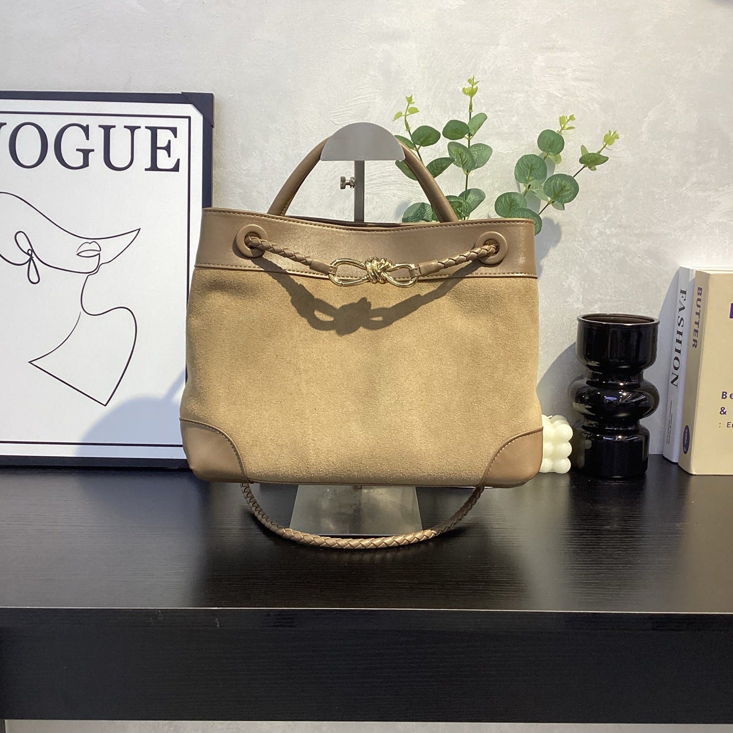 Suede Leather Woven Rope-Knot Handbag, Simple Elegant Shoulder & Crossbody Commuter Bag for Women