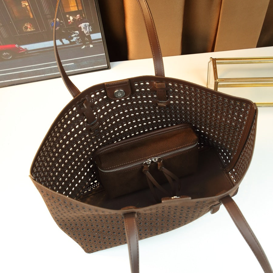 Hollow Korean Style Sub-Bag Tote for Women Large Capacity Shoulder Handbag with Detachable Pouch, Versatile Fall Going-Out Purse