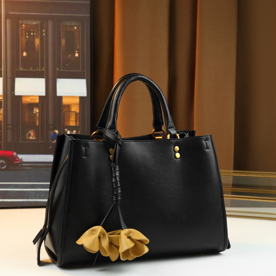 Classic Vintage Tote Bag with 3D Flower Charm and Metal Studs, Large Capacity Shoulder Handbag for Work Commute & Everyday Style