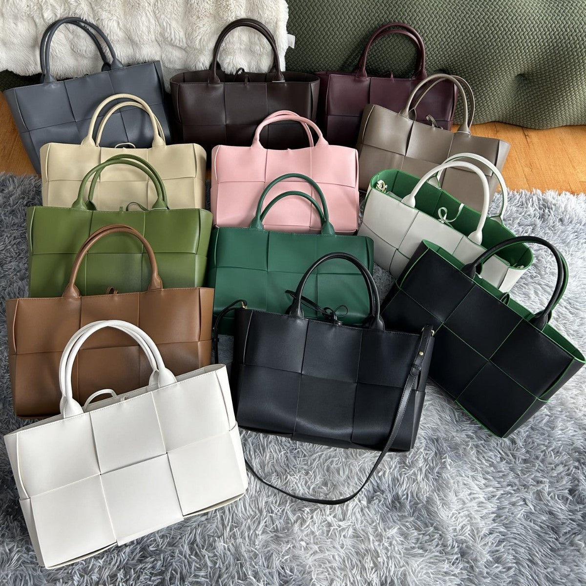 Extra-Large Genuine Leather Woven Tote, Trendy Six-Grid Underarm Bag, Commuter Shoulder & Crossbody Bag for Women