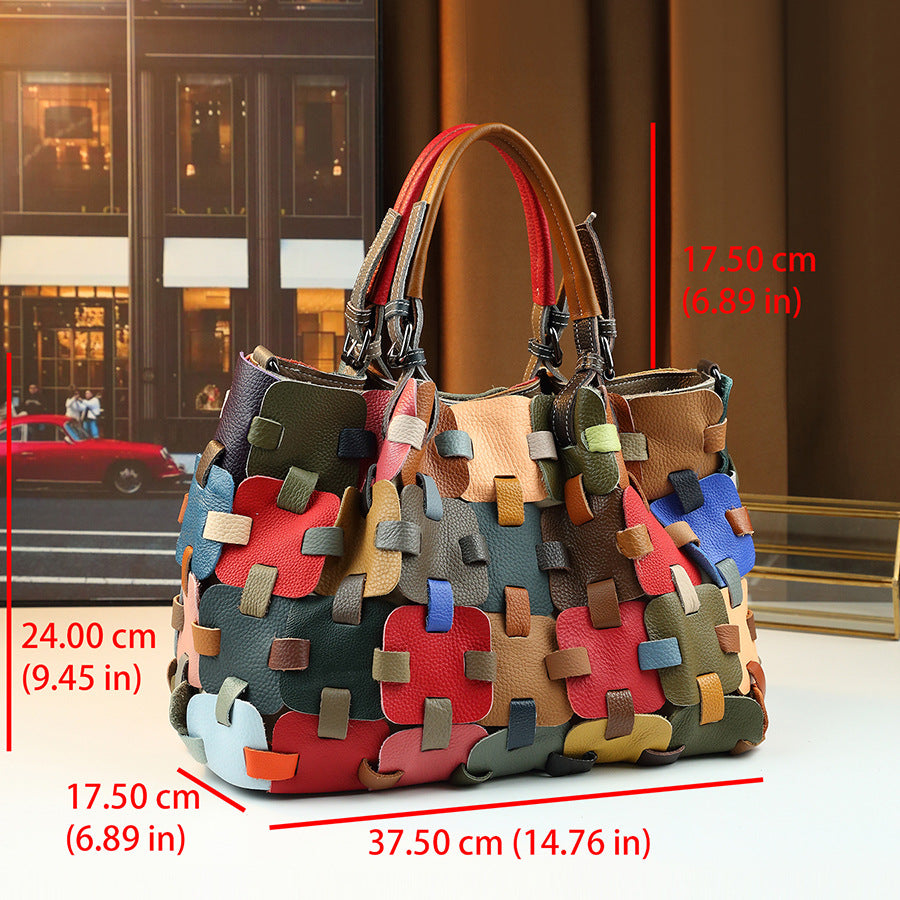 Woven Cowhide Patchwork Tote Bag for Women Large Capacity Colorful Top Handle Shoulder Crossbody Handbag with Premium Leather Craftsmanship