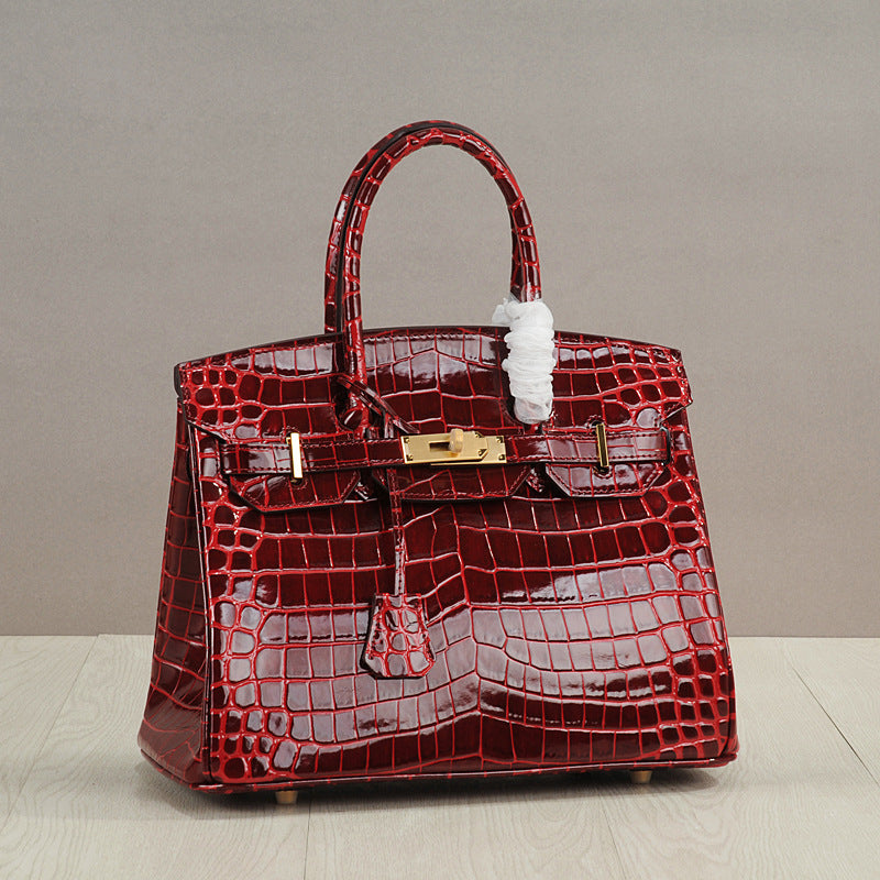Genuine Leather Crocodile-Embossed Birkin-Style Bag for Women, New Large Capacity Commute Top Handle Shoulder Crossbody Purse, Fashionable Versatile Handbag for Ladies