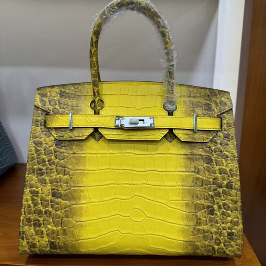 Women's Crocodile-Embossed Leather Birkin-Style Tote Bag 30cm, Hermès-Inspired Top-Handle Handbag with External Stitching, Genuine Top-Layer Cowhide Purse with Steel Hardware, Luxe Everyday Carryall Satchel