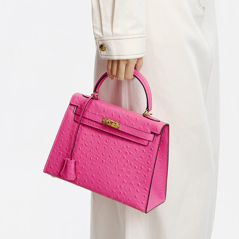 Women's Genuine Leather Handbag Shoulder Bag Top Layer Cowhide Kelly Style Crossbody Purse with Ostrich Embossed Texture