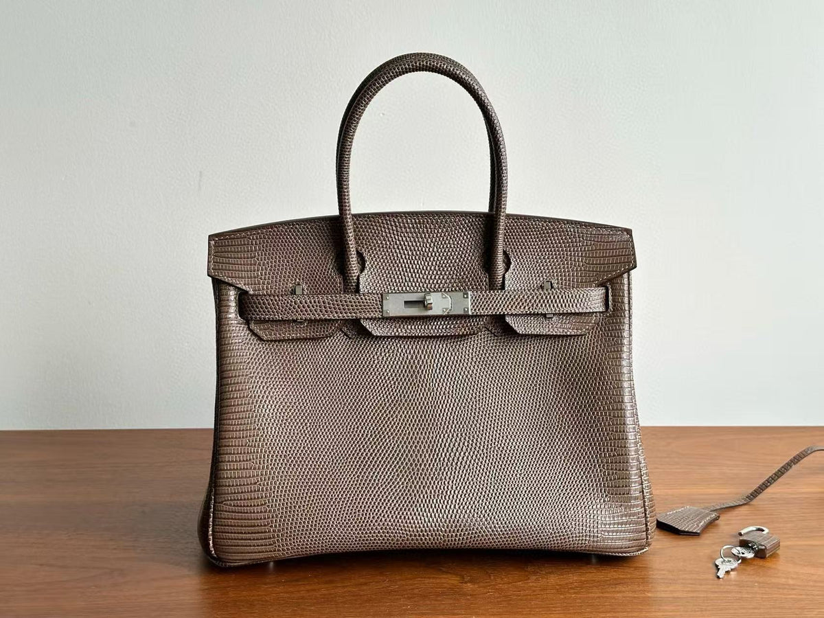 Genuine Top Layer Cowhide Lizard-Embossed Birkin 30cm Bag for Women, Hermès-Style Lock Clasp Top Handle Purse, Premium Leather Handbag for Ladies