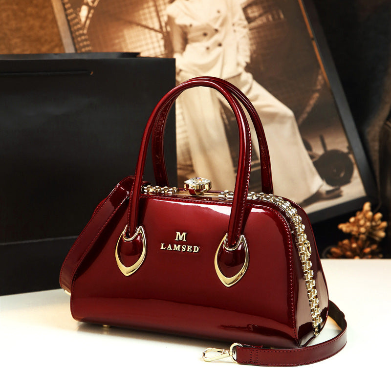 Women's Patent Leather Handbag Shiny Shoulder Crossbody Bag for Middle-Aged Ladies Fashion Mom Purse Light Luxury Top Handle Clasp Bag