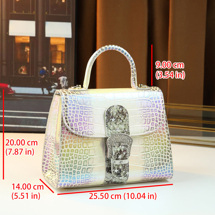 Chic Iridescent Croc-Effect Small Square Bag for Women, A Fashionable Top-Handle Evening Shoulder Crossbody Handbag with Eye-Catching Shimmering Design, Versatile Party Purse