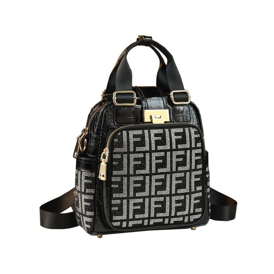 New Arrival Sparkly Rhinestone-Embellished Croc-Effect Backpack for Women, A Multi-Functional Genuine Leather Daypack with Fashionable Design, Perfect for Moms