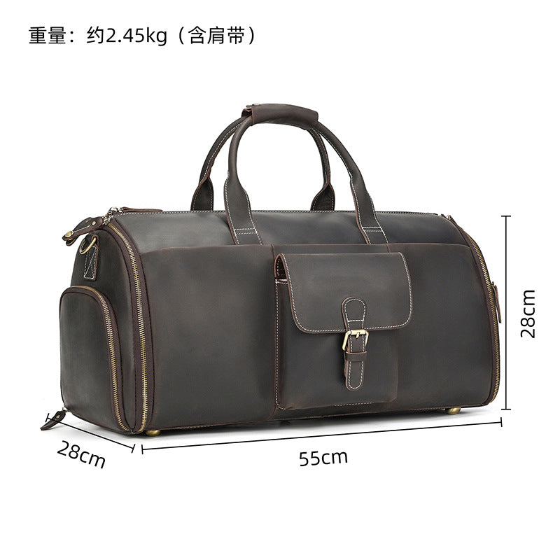 Multifunctional Crazy Horse Leather Travel Duffle, Foldable Suit Garment Bag with Wet-Dry Separation, Premium Gym Weekender for Men