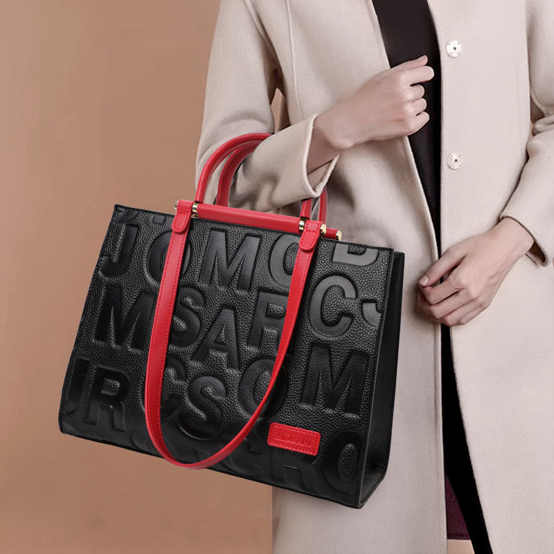 New Letter Tote Bag in Top Layer Cowhide, Large Capacity Commute Shoulder Crossbody Top Handle Purse, Stylish Handbag for Women