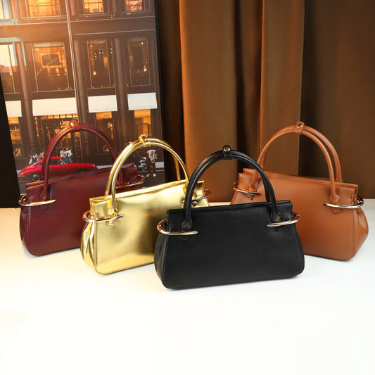 Korean Style Boston Bag for Women Relaxed Vintage Top Handle Purse with Gold Metal Hardware, Solid Color Versatile Shell-Shaped Shoulder Handbag