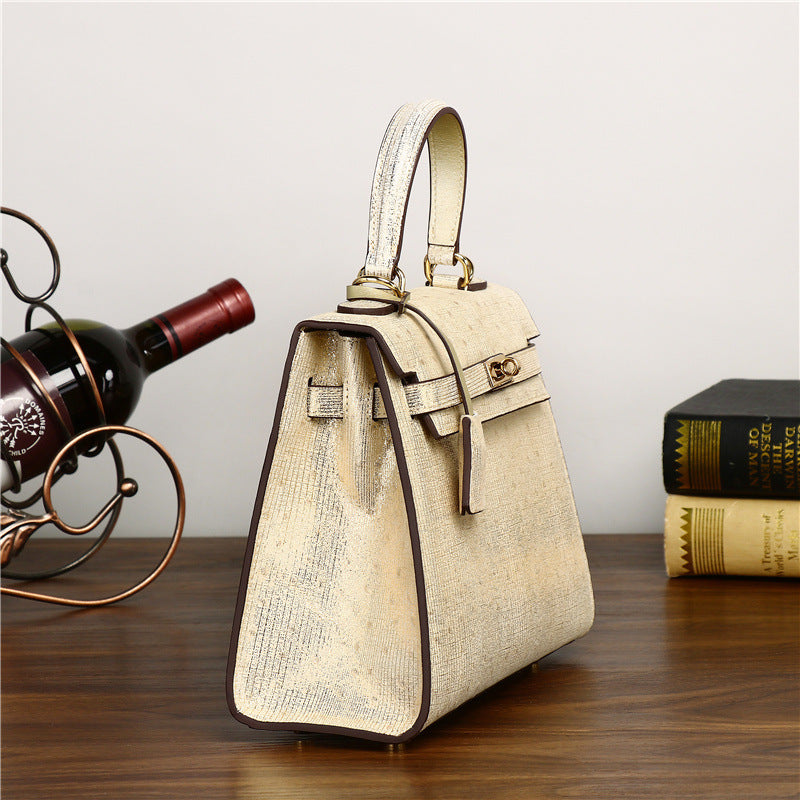 Genuine Gold Ostrich Leather Kelly Bag for Women Large Capacity Shoulder Crossbody Handbag, Versatile Purse with Luxurious Textured Finish